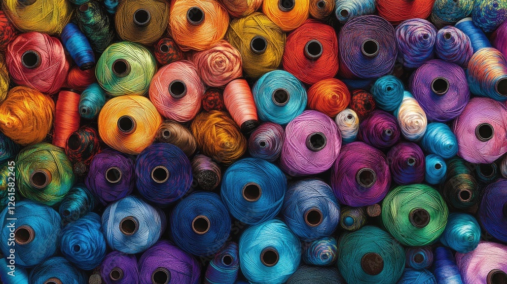 Poster a stunning arrangement of colorful spools of thread in a vibrant display, ideal for showcasing diy p