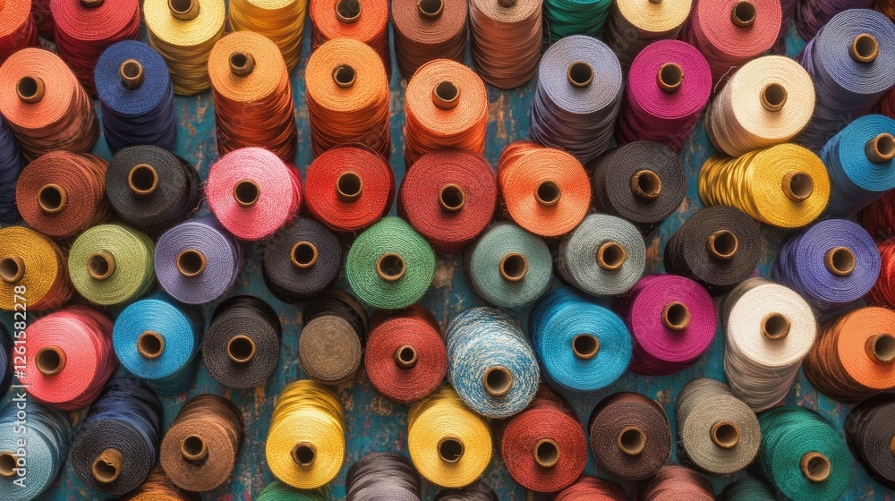 Poster a stunning arrangement of colorful spools of thread in a vibrant display, ideal for showcasing diy p