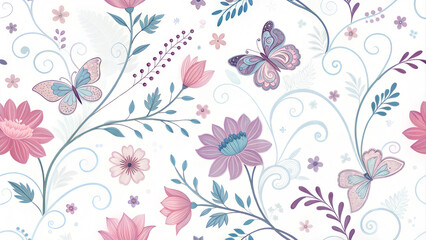 Fototapeta premium White floral wallpaper with butterflies and swirling botanical design