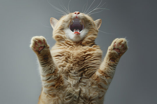 A close-up of a yawning orange cat with outstretched paws against a soft background.