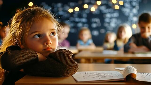 Weary students battle fatigue in a dim classroom as they strive to concentrate.