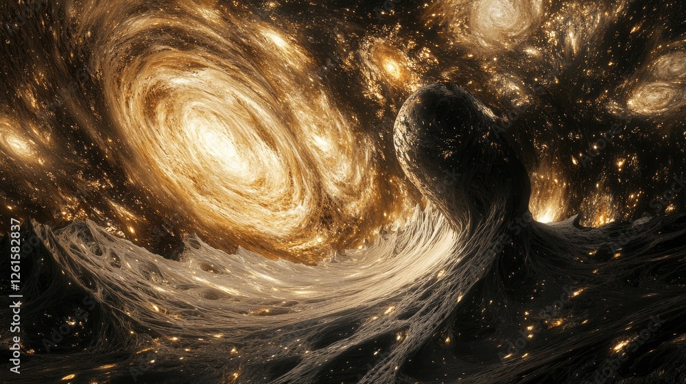 Poster a surreal depiction of space and time bending around a large celestial body, with glowing stars and 