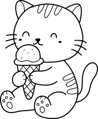 Naklejka premium Cute cat cartoon animal ice cream outline, line art clipart png illustration 