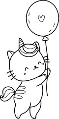 Cute cat cartoon with balloon animal outline, line art clipart png illustration	
