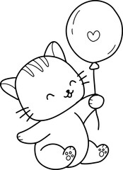 Cute cat cartoon with balloon animal outline, line art clipart png illustration	