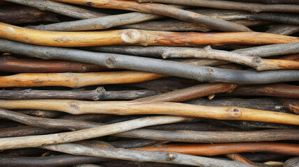 Fototapeta premium A close-up of assorted wooden sticks arranged in a layered pattern.