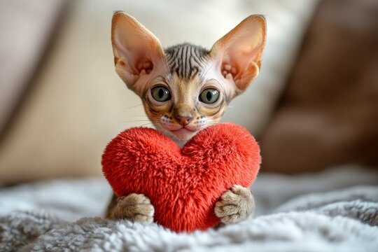 Cute peterbald baby feline with fluffy red heart at cozy quarters. Commercial companion visual idea. Peterbald - my desired cat, symbol of care. Fluffy kitten cuddles. Furry love story.