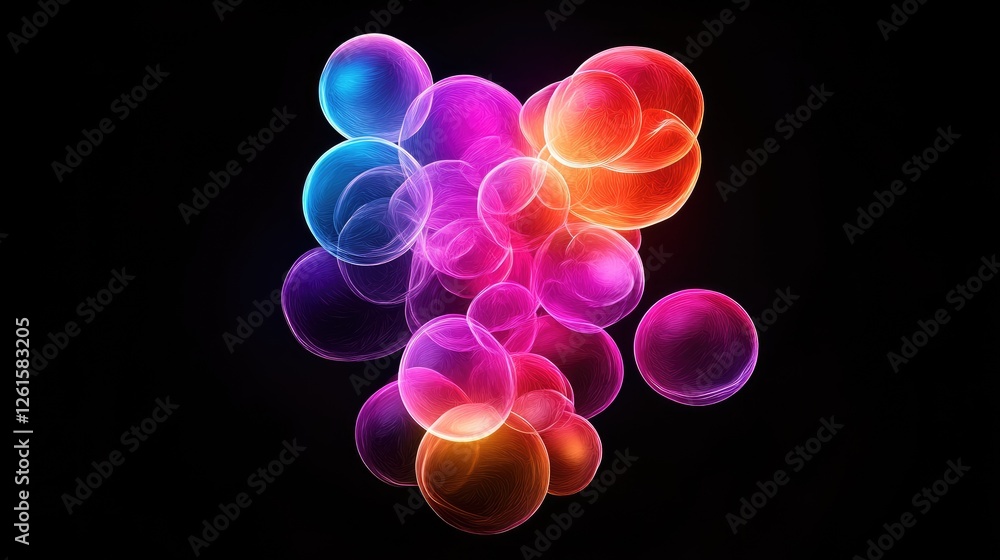 Poster A vibrant cluster of neon bubbles glowing in vivid colors, set against a deep black background, creating an eye-catching and dynamic visual design