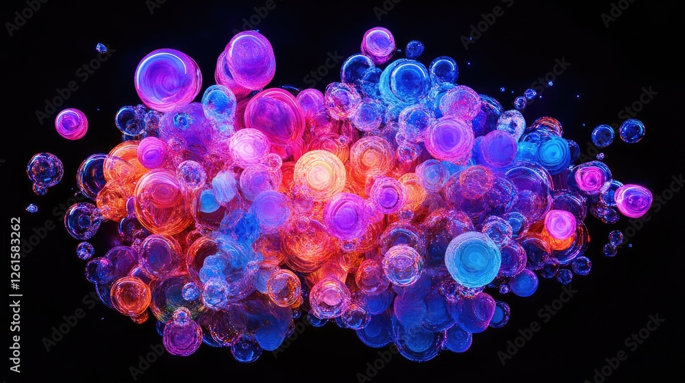 Aufkleber a vibrant cluster of neon bubbles glowing in vivid colors, set against a deep black background, crea