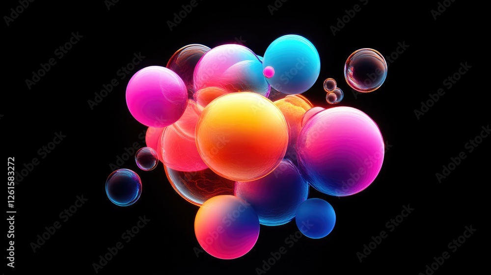 Poster A vibrant cluster of neon bubbles glowing in vivid colors, set against a deep black background, creating an eye-catching and dynamic visual design