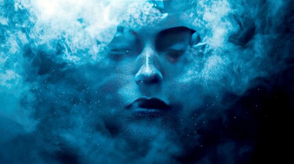 Enigmatic Face Emerging from a Blue Smoke Dream