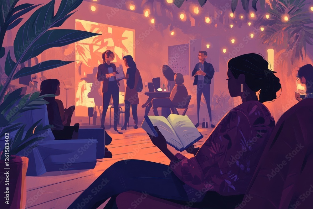 Poster a cozy corner with an introvert reading a book while a party unfolds in the background