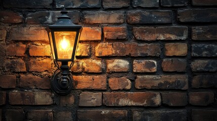 A vintage gas light casting soft light against a textured brick wall, evoking nostalgia and charm, ideal for capturing the essence of historical or evening settings