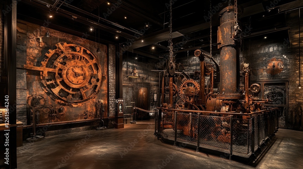 Poster a vintage industrial setting with rusty gears and chains, illuminated by dramatic lighting, creating