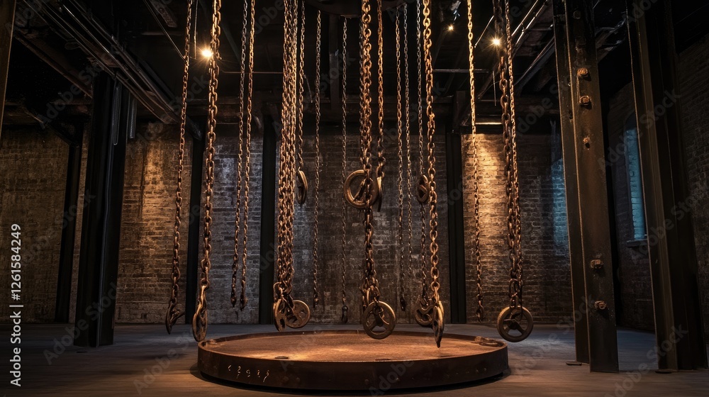 Poster a vintage industrial setting with rusty gears and chains, illuminated by dramatic lighting, creating