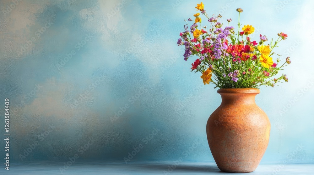 Poster a weathered clay vase holding vibrant wildflowers, positioned against a soft blue background with em