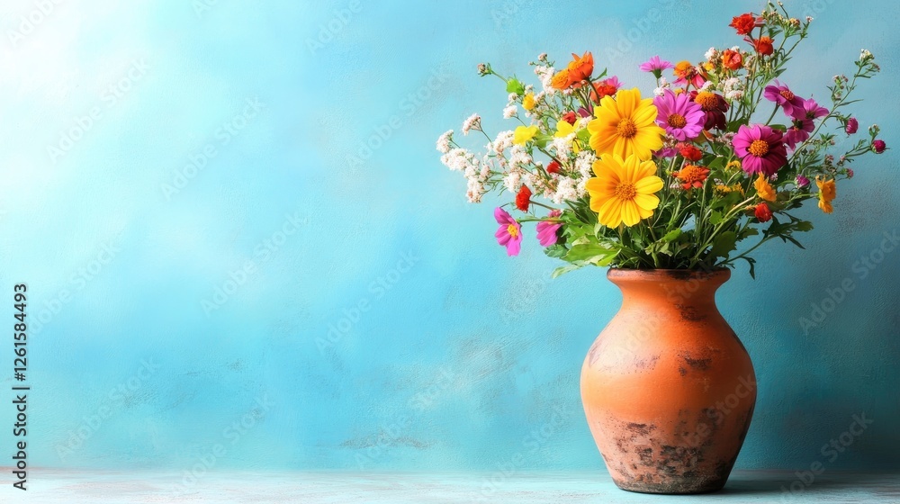 Poster a weathered clay vase holding vibrant wildflowers, positioned against a soft blue background with em