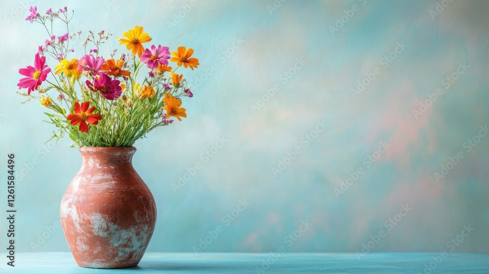 Poster a weathered clay vase holding vibrant wildflowers, positioned against a soft blue background with em