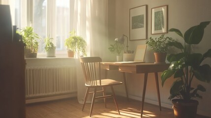 Obraz premium Cozy home office with sunlight streaming through the window, surrounded by lush plants and artwork