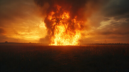 Fototapeta premium Massive fire explosion at dusk rural area dramatic scene nature's fury