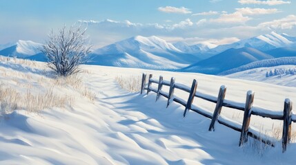 Obraz premium A winter wonderland scene with deep snow drifts sparkling under the sun, a lone wooden fence partially buried, and distant mountains, creating a serene and peaceful landscape