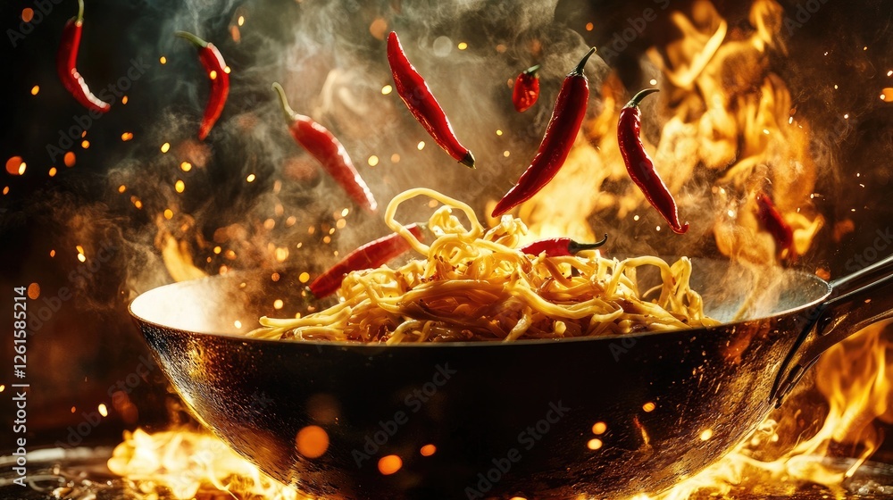 Poster a wok pan filled with flying noodles, red chili peppers, and soy sauce splashes, with a fiery glowin