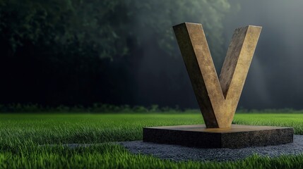 Abstract golden letter V sculpture on a green grassy landscape under soft morning light with trees in the background