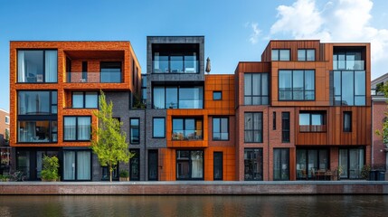 Obraz premium Architectural Diversity Along the Water, Modern Townhouses with Unique Fa,ades in Urban Setting