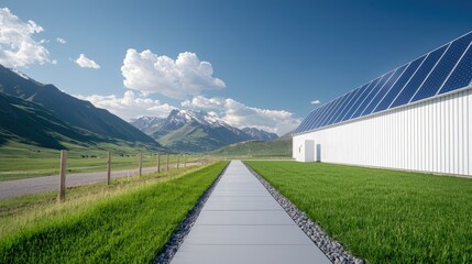 Obraz premium Mountain valley solar farm pathway