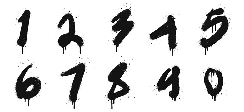 Spray painted graffiti of number on set. alphabet drip symbol. isolated on white background. vector illustration