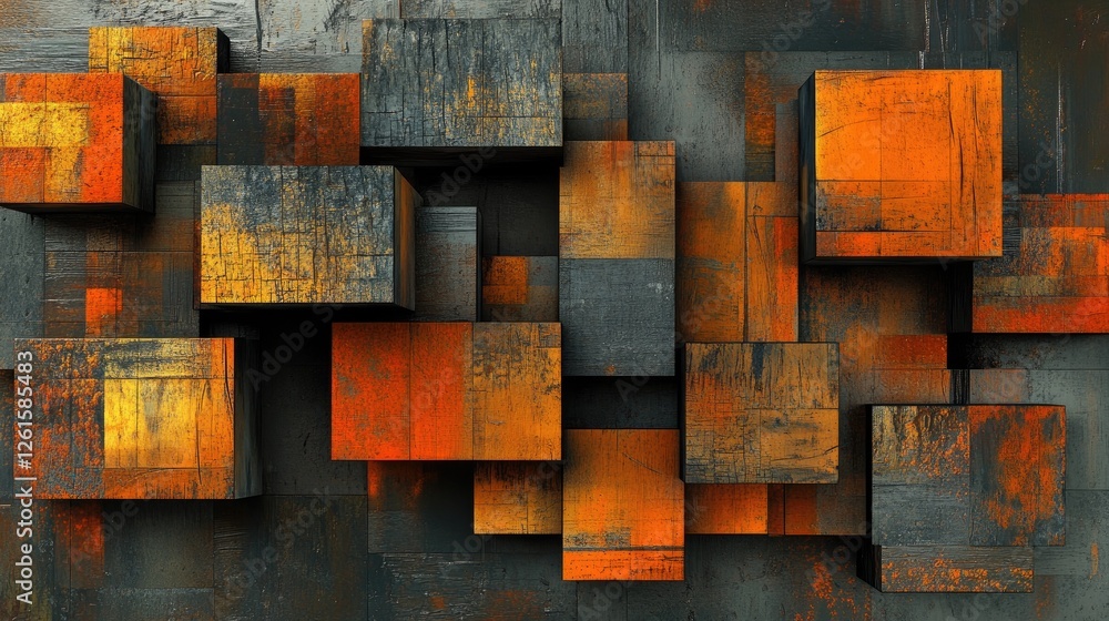 Poster Abstract 3D cubes in dynamic arrangement with varying textures and depths, creating an intriguing visual pattern, emphasizing movement and energy