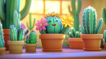 18.Collection of cartoon succulents and cacti in pots, featuring blooming flowers, spiky details, and charmingly cute expressions, illustrated in a bright and modern style.