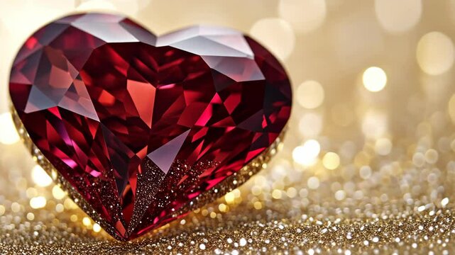 Heart-shaped ruby gemstone sparkling on glittering gold surface with soft golden bokeh