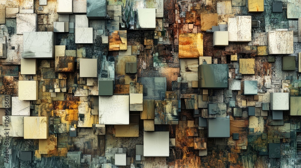 Poster Abstract composition of 3D cubes, arranged in a fragmented pattern, adding dimension and texture to create a visually dynamic and engaging image