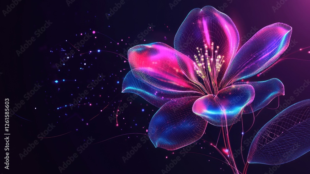Poster abstract cybernetic flower design with neon petals and a glowing wireframe stem, combining futuristi