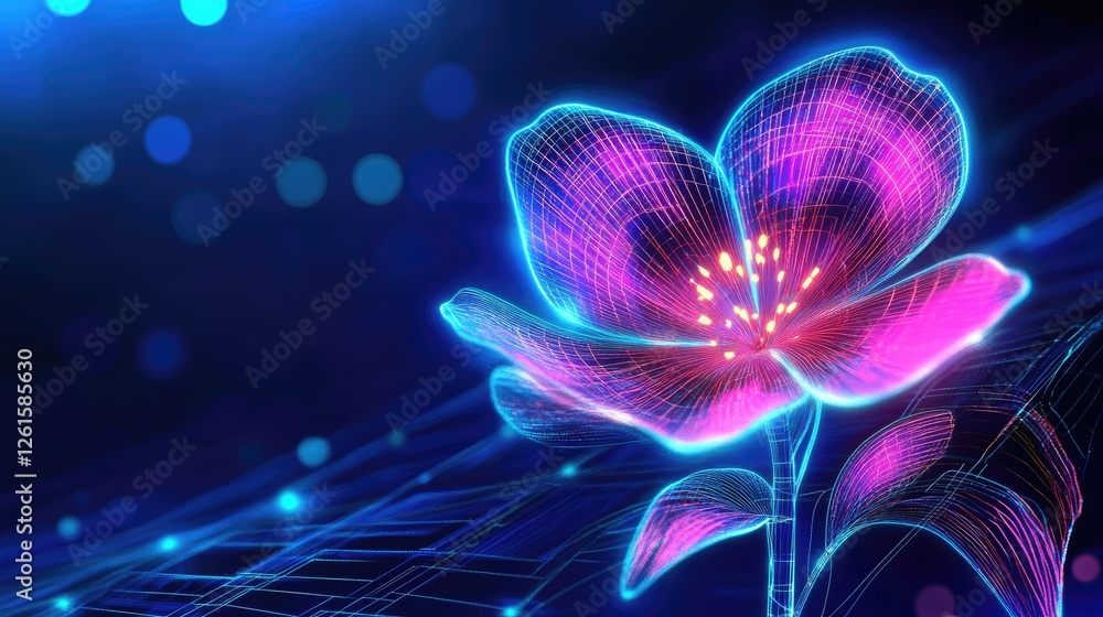 Poster abstract cybernetic flower design with neon petals and a glowing wireframe stem, combining futuristi