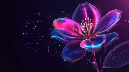 Abstract cybernetic flower design with neon petals and a glowing wireframe stem, combining futuristic tech and nature in a vibrant holographic look
