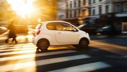 Urban cityscape, sunny day, small car, pedestrian crossing
