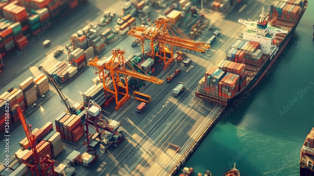 Poster aerial view of a busy logistics hub with cranes unloading ships, trucks, and planes ready to depart,