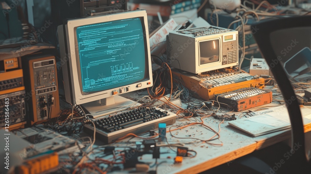 Poster an abandoned workstation with piles of old electronics and cables, capturing the forgotten era of co