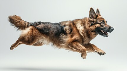 German shepherd Dog jumping in the air with excitement in a sunny outdoor setting