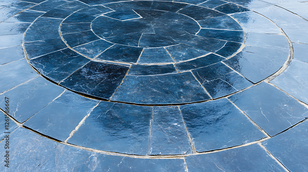 Poster circular pattern paving of interlocking tiles creating abstract concentric stone design texture