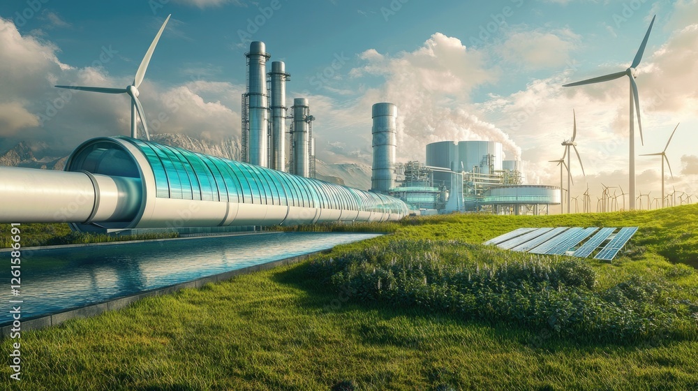Aufkleber an advanced green factory with a visible hydrogen pipeline, surrounded by wind turbines, showcasing 