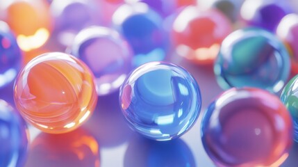 Colorful marbles scattered on a reflective surface