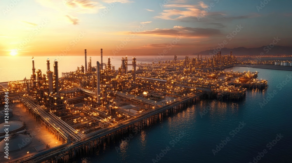 Aufkleber an oil refinery at dusk, illuminated against the calm waters of a seascape, creating a dramatic and 