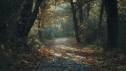 Obraz premium A peaceful forest path covered in autumn leaves with soft light breaking through the trees
