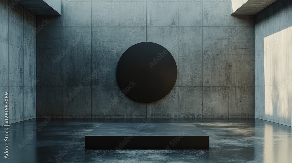 Fototapete Minimalist concrete space with circular wall art and platform display reflecting light creating an impactful visual