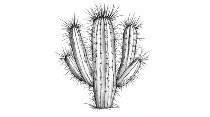 3.Simple and elegant cactus outline illustration, featuring sharp spines and distinct segmented arms, isolated on a crisp white backdrop for a modern aesthetic.