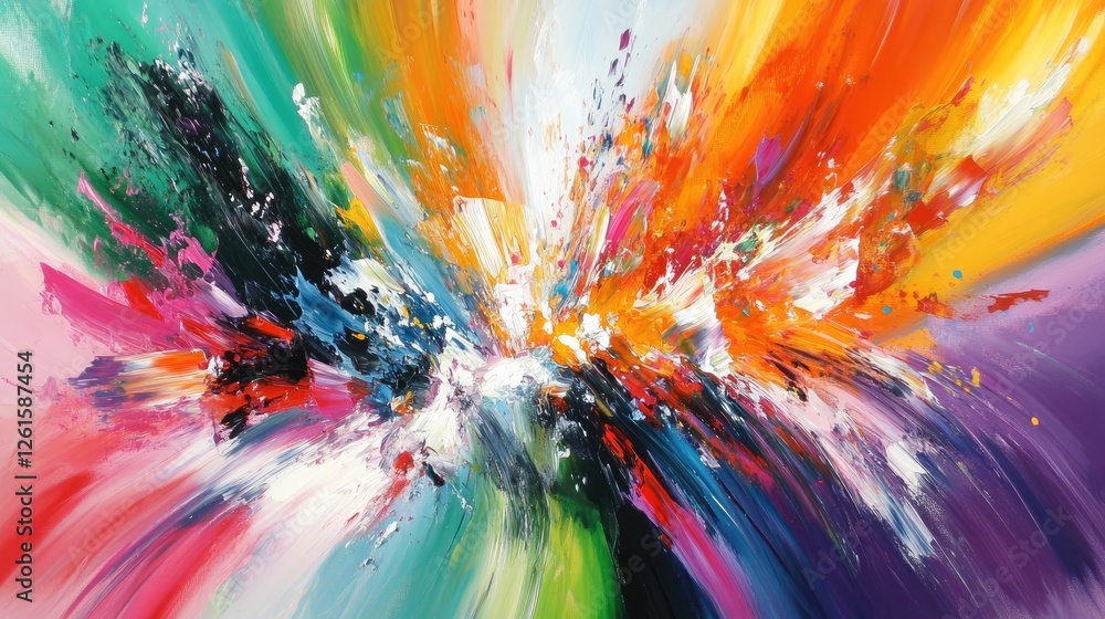 Poster Bright and energetic colors explode in an abstract, pop music-inspired scene, with rhythmic patterns and movement creating a dynamic visual impact