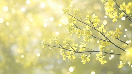 Fototapeta premium Beautiful yellow flowers with a soft green and golden bokeh background, creating a vibrant and radiant atmosphere during midday light
